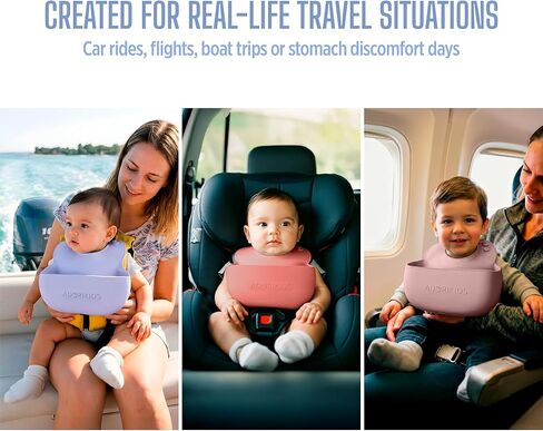 RideBib Silicone Vomit Bib with Extra-Deep Pocket for Motion Sickness Relief During Travel. Patent Pending in Saudi Arabia