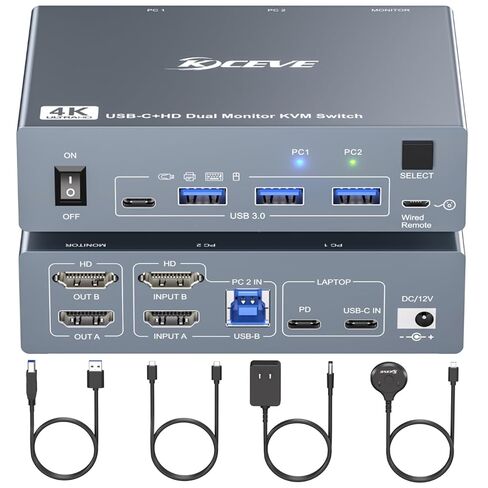 KVM Switch 3 Monitors 4 Computers 4K@60Hz, 2 HDMI and Displayport KVM Switch Triple Monitor for 4 Computer Share 3 Monitor and 4 USB3.0 Port,EDID Simulation,Wired Remote and 4 USB Cables Included in Kuwait
