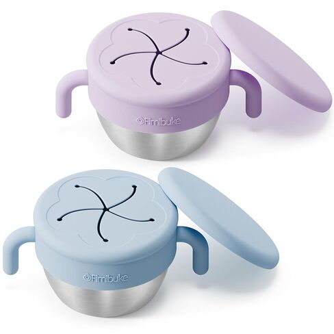 Fimibuke Snack Containers for Toddlers Kids, 12 OZ Spill Proof Stainless Steel Baby Snack Cups with Removable Silicone Food Catcher, Handles & Travel Lid BPA-Free Dishwasher Safe Food Container 2 Pack in Saudi Arabia