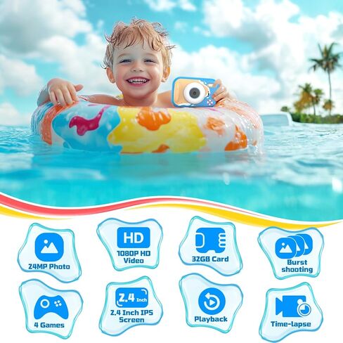 CHAKEYAKE Kids Waterproof Camera, IP67 Digital Camera with 32GB Card, 1080P 48MP, 10X Zoom, Compact Toddler Camera for Birthday Gift Beach Pool Toys for Kids Ages 3-12, Blue in Saudi Arabia