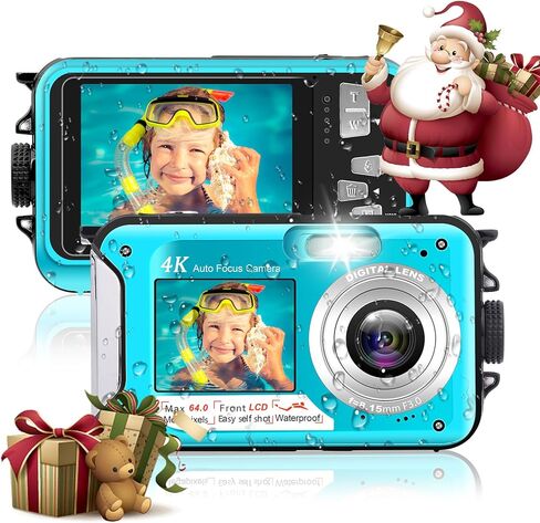 كاميرا 4K تحت الماء 64 ميجابكسل ضبط تلقائي للصورة 16 قدم كاميرا مقاومة للماء شاشة مزدوجة سيلفي 16X كاميرا تحت الماء للغطس مقاومة للماء كاميرا رقمية مدمجة قابلة للطفو مع بطاقة 32 جيجابايت in Kuwait