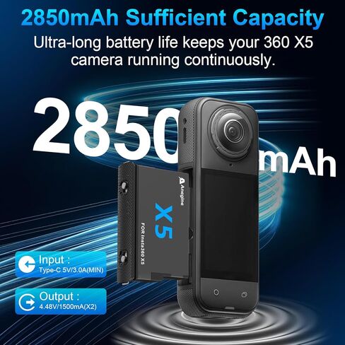 بطارية Anegine Insta 360 X5، عبوتان بطارية 2850 مللي أمبير Insta360 x5 مع شاحن سريع مزدوج، عرض مستوى البطارية، متوافقة مع كاميرا Insta360 X5 (بطارية*2، شاحن*1) in Kuwait