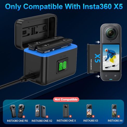 بطارية Anegine Insta 360 X5، عبوتان بطارية 2850 مللي أمبير Insta360 x5 مع شاحن سريع مزدوج، عرض مستوى البطارية، متوافقة مع كاميرا Insta360 X5 (بطارية*2، شاحن*1) in Kuwait