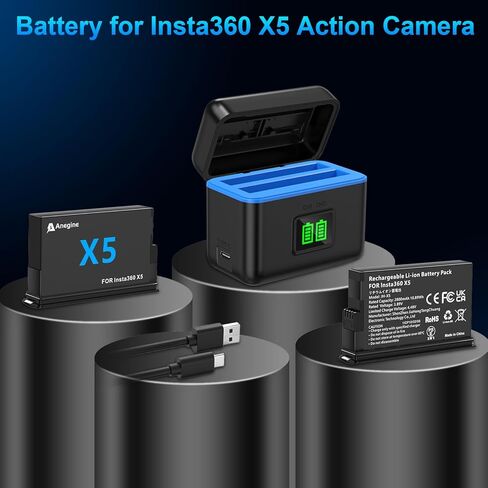 بطارية Anegine Insta 360 X5، عبوتان بطارية 2850 مللي أمبير Insta360 x5 مع شاحن سريع مزدوج، عرض مستوى البطارية، متوافقة مع كاميرا Insta360 X5 (بطارية*2، شاحن*1) in Kuwait