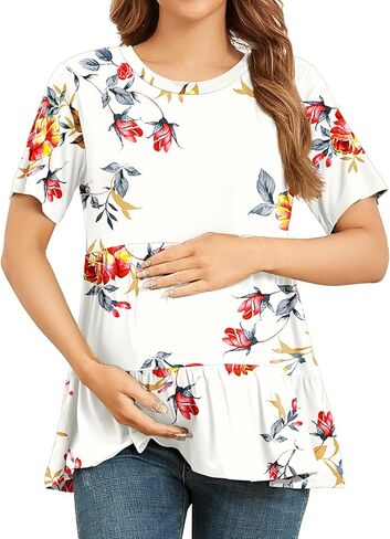 Xpenyo Women Tiered Maternity Top Fashion Short Sleeve Casual Pregnancy Blouse Shirts Rose Flowers White L in Kuwait