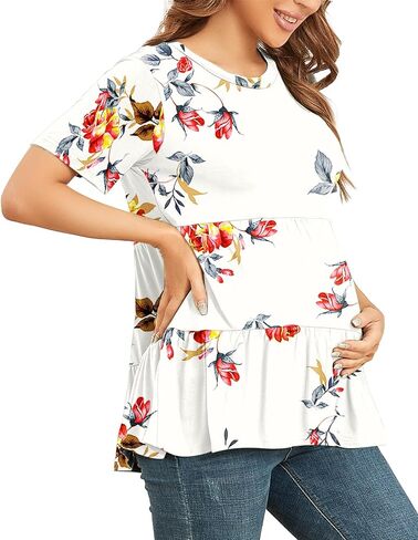 Xpenyo Women Tiered Maternity Top Fashion Short Sleeve Casual Pregnancy Blouse Shirts Rose Flowers White L in Kuwait