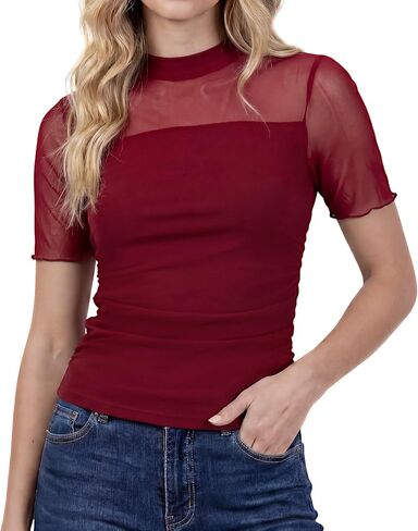 Capoda Womens Sexy Mesh Sheer Top Short Sleeve Mock Turtleneck Tops Ruched Going Out Summer Shirts See Through Slim Blouse in Saudi Arabia