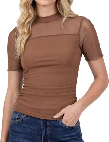 Capoda Womens Sexy Mesh Sheer Top Short Sleeve Mock Turtleneck Tops Ruched Going Out Summer Shirts See Through Slim Blouse in Saudi Arabia