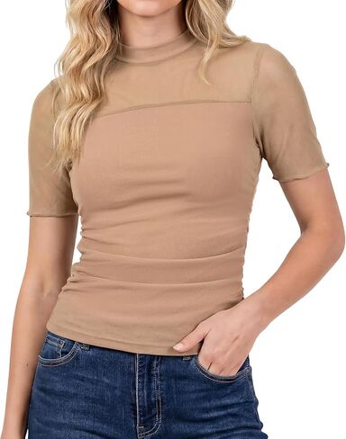 Capoda Womens Sexy Mesh Sheer Top Short Sleeve Mock Turtleneck Tops Ruched Going Out Summer Shirts See Through Slim Blouse in Saudi Arabia
