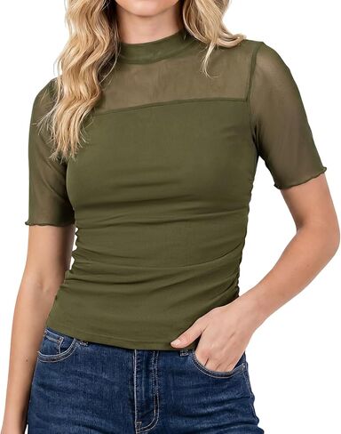 Capoda Womens Sexy Mesh Sheer Top Short Sleeve Mock Turtleneck Tops Ruched Going Out Summer Shirts See Through Slim Blouse in Saudi Arabia