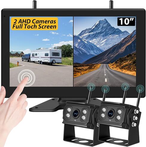 10 '' RV Wireless Backup Camera ، 2 HD 1080p IP69 كاميرات مقاومة للماء مع شاشة تعمل باللمس الكاملة 4 قنوات مراقبة الكاميرات ، IR Night Vision Camera for RV Truck Trailer 5th Wheels in Kuwait