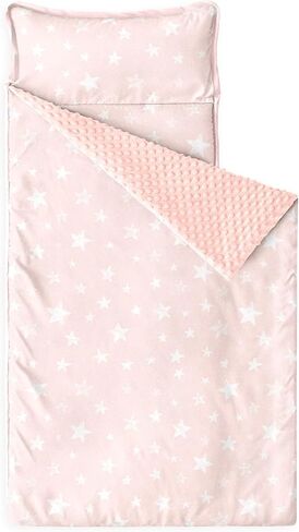 Wake In Cloud - Toddler Nap Mat with Pillow and Minky Fleece Blanket, for Kids Boys Girls in Daycare Preschool Kindergarten, Roll Up Sleeping Bag, Cute Star Polka Dot in Saudi Arabia