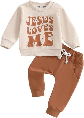 KMBANGI Toddler Baby Boy Christian Outfit Jesus Loves Me Sweatshirt Long Sleeve Shirt Jogger Pants Baptism Clothes 2Pcs Set in Kuwait