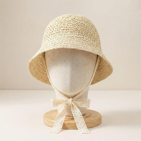 Baby Girl Straw Hat Outdoor Baby Toddler Sun Protection Hats Summer Beach Lace Bowknot Cap for Infant Girls in Kuwait