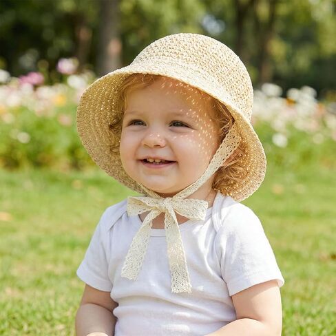 Baby Girl Straw Hat Outdoor Baby Toddler Sun Protection Hats Summer Beach Lace Bowknot Cap for Infant Girls in Kuwait