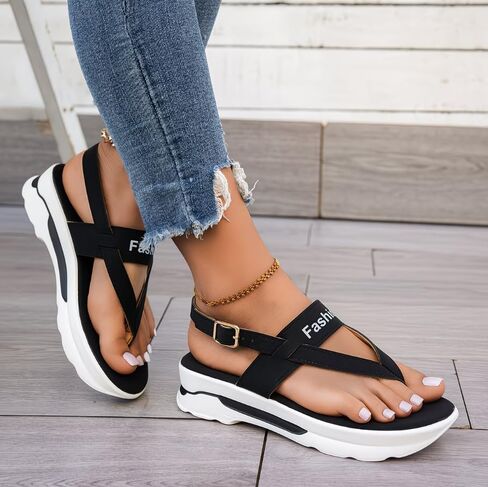 Women's Slip on Thick-Sole Sport Sandals, Summer Outdoor Roman Style Platform Sandals with Buckle Straps, Casual Open-Toe Wedge Heels Flip Flops Sandal in Kuwait