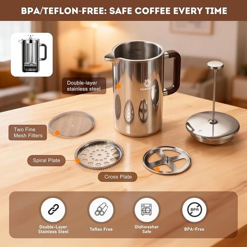 1L/34 OZ French Press Coffee Maker ، 304 Coffee Coffee Press ، تصميم متين وسهل النظيف ، مقاوم للتسرب ، Prensa Francesa Para Cafe للمنزل ، المكتب ، التخييم in Saudi Arabia