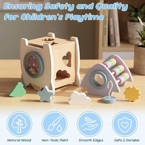 Wooden Space Toys for Baby, Wood Activity Cube Montessori Toys for 1 2 3 Years Old Boys Girls Birthday Gifts in Kuwait