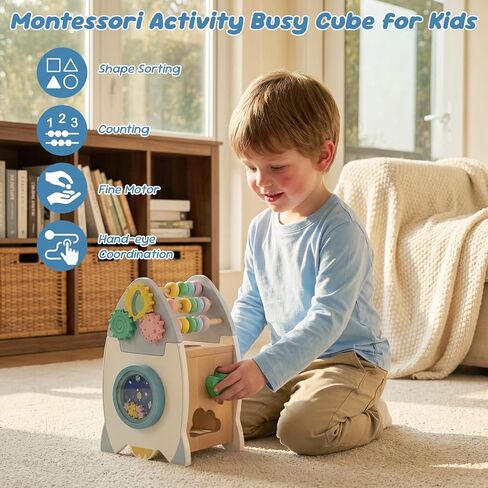 Wooden Space Toys for Baby, Wood Activity Cube Montessori Toys for 1 2 3 Years Old Boys Girls Birthday Gifts in Kuwait