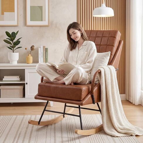 VECELO Rocking Chair Nursery, Oversized Leather Glider Rocker with Padded Cushion, Upholstered Removable High Back, Brown in Kuwait