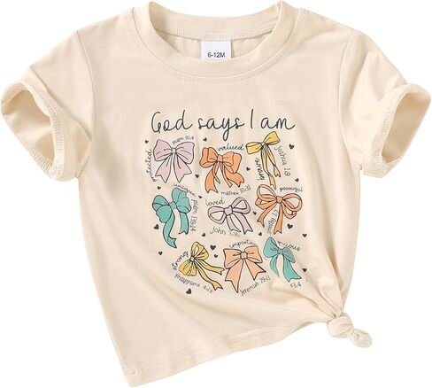 Christian Toddler Baby Girl Summer Clothes God Says I Am Bible Verse T-Shirt Bow/Flower Religious Shirt Jesus God in Saudi Arabia