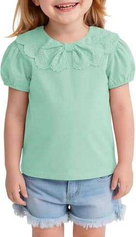 Toddler Girl Lace Peter Pan Collar T Shirts Baby Kids Cute Puff Short Sleeve Blouse Casual Tees Tops 9M-8Y in Kuwait