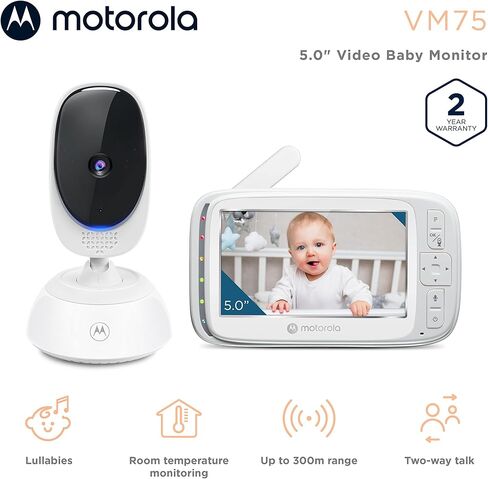 شاشة مراقبة الأطفال Motorola Nursery No WiFi مع الكاميرا والصوت، شاشة 5 بوصات، تكبير/تصغير قابل للإمالة، رؤية ليلية، التحدث في اتجاهين، عمر بطارية طويل، نطاق 1000 قدم، مستشعر درجة الحرارة، التهويدات، VM75 (موديل 2026) in Kuwait