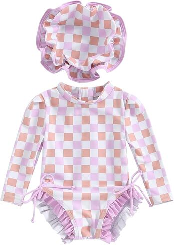 Baby Girl Swimsuit Checkered Long Sleeve One Piece Swimsuit Romper Zipper Ruffle Rash Guard Bathing Suit with Hat in Saudi Arabia