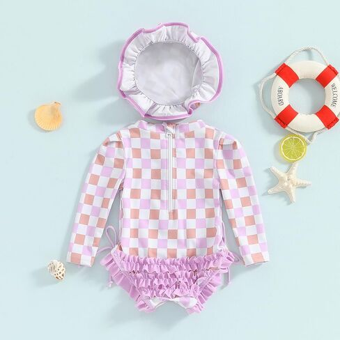 Baby Girl Swimsuit Checkered Long Sleeve One Piece Swimsuit Romper Zipper Ruffle Rash Guard Bathing Suit with Hat in Saudi Arabia