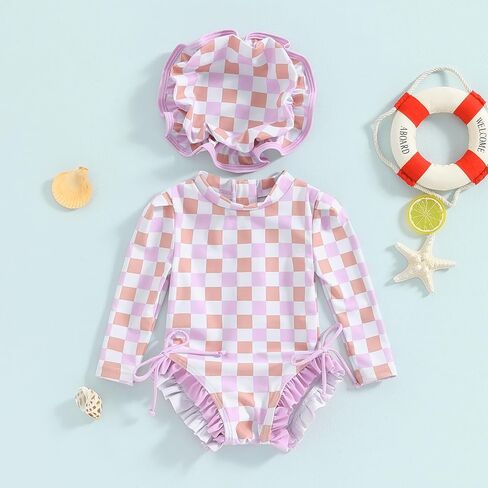 Baby Girl Swimsuit Checkered Long Sleeve One Piece Swimsuit Romper Zipper Ruffle Rash Guard Bathing Suit with Hat in Saudi Arabia