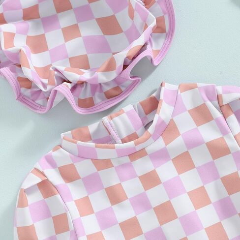 Baby Girl Swimsuit Checkered Long Sleeve One Piece Swimsuit Romper Zipper Ruffle Rash Guard Bathing Suit with Hat in Saudi Arabia