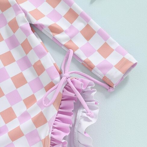 Baby Girl Swimsuit Checkered Long Sleeve One Piece Swimsuit Romper Zipper Ruffle Rash Guard Bathing Suit with Hat in Saudi Arabia