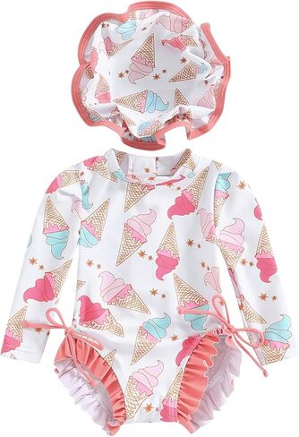 Baby Girl Swimsuit Checkered Long Sleeve One Piece Swimsuit Romper Zipper Ruffle Rash Guard Bathing Suit with Hat in Saudi Arabia