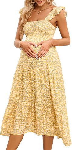 Maternity Dress Square Neck Ruffle Strap Smocked High Waist Midi Casual Summer Baby Shower Dress in Kuwait