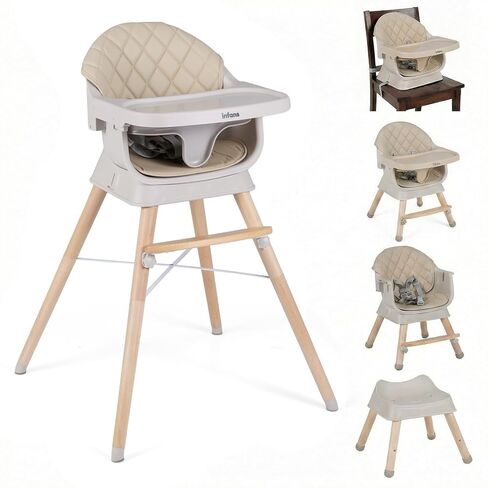 INFANS Baby High Chair, 6 in 1 Wooden Convertible Highchair for Babies and Toddlers, Infant Dining Booster Seat Kids Stool with Adjustable Removable Tray (Beige) in Kuwait