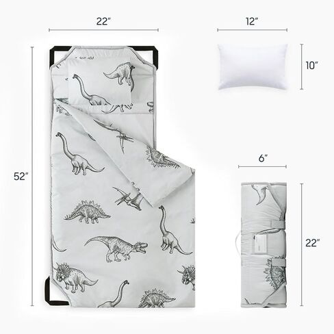 Wake In Cloud - Cot Nap Mat with Pillow and Blanket, for Toddler Kids Boys Girls in Daycare Kindergarten Preschool Pre K with Elastic Corner Straps, Dinosaur Dinos, Grey in Kuwait
