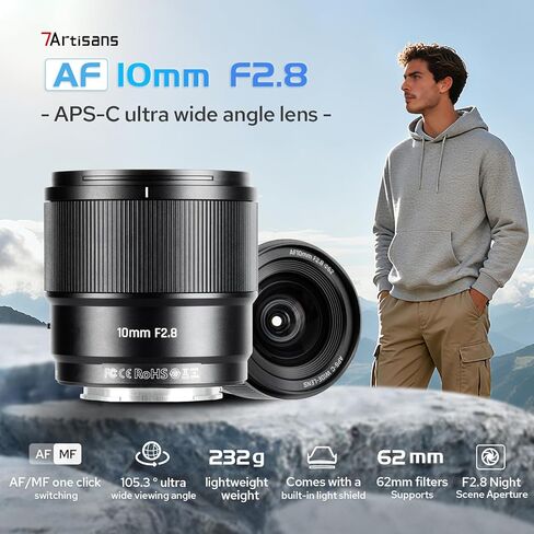 7artisans AF 10mm F2.8 Auto Focus APS-C Mirrorless Cameras Lens,105.3° Ultra Wide Angle for Vlogging/Selfies/Video/Travel/Portraiture/Street Photography/Humanistic Subjects (for Sony E Mount) in Kuwait