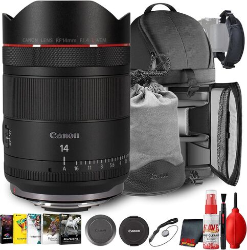 Canon RF 14mm f/1.4 L VCM عدسة رئيسية فائقة الاتساع RF مع حامل كامل الإطار بدون مرآة، تصوير فوتوغرافي وفيديو فلكي (7427C002) + حقيبة ظهر + برامج صور + المزيد (حزمة 8 قطع) in Kuwait