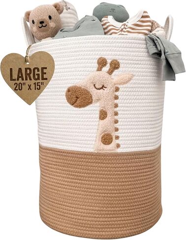 Baby Laundry Basket & Nursery Hamper – 20"x15" Large Giraffe Baby Hamper for Nursery Decor, Tall Woven Rope Dirty Clothes Laundry Hamper with Handles, Safari Animal Baby Room Storage Bin (White & Tan) in Kuwait
