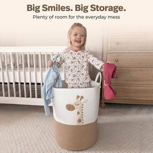 Baby Laundry Basket & Nursery Hamper – 20"x15" Large Giraffe Baby Hamper for Nursery Decor, Tall Woven Rope Dirty Clothes Laundry Hamper with Handles, Safari Animal Baby Room Storage Bin (White & Tan) in Kuwait