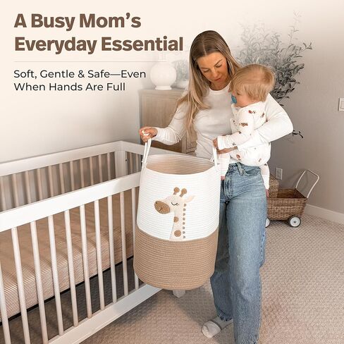 Baby Laundry Basket & Nursery Hamper – 20"x15" Large Giraffe Baby Hamper for Nursery Decor, Tall Woven Rope Dirty Clothes Laundry Hamper with Handles, Safari Animal Baby Room Storage Bin (White & Tan) in Kuwait