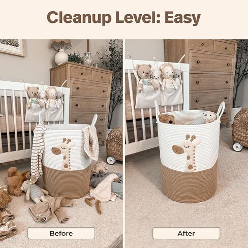 Baby Laundry Basket & Nursery Hamper – 20"x15" Large Giraffe Baby Hamper for Nursery Decor, Tall Woven Rope Dirty Clothes Laundry Hamper with Handles, Safari Animal Baby Room Storage Bin (White & Tan) in Kuwait