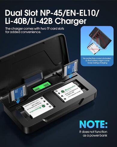 2-Pack EN-EL10 Battery and USB-C Dual Charger for Fujifilm NP-45/NP-45A/NP-45B/NP-45S, Olympus LI-42B/LI-40B, and More - 1300mAh High Capacity in Kuwait