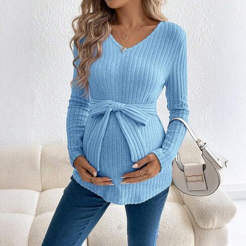 Maternity Sweater for Women, Cute Long Sleeve Spring Ribbed Pregnancy Tops Tunic with Belt Casual Knit Work Mama Clothes in Saudi Arabia