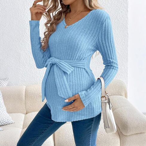 Maternity Sweater for Women, Cute Long Sleeve Spring Ribbed Pregnancy Tops Tunic with Belt Casual Knit Work Mama Clothes in Saudi Arabia