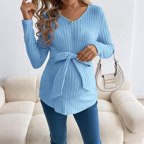 Maternity Sweater for Women, Cute Long Sleeve Spring Ribbed Pregnancy Tops Tunic with Belt Casual Knit Work Mama Clothes in Saudi Arabia