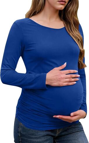 قمصان طويلة الأكمام للنساء قمصان الأمومة تمتد الأساسية الأمومة لينة سليم صالح الحمل Bodycon تونك القمم الأزرق in Kuwait