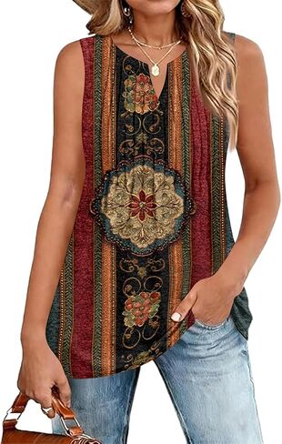 Sleeveless Tunic Top For Women Vintage Floral Print Boho Style Loose Fit Casual Summer Blouse Lightweight in Kuwait
