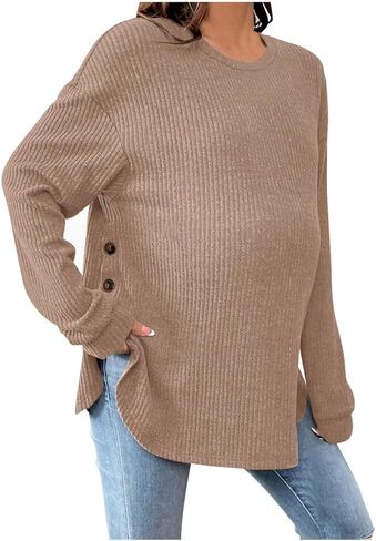 Womens Maternity Ribbed Tunic Shirts, Cotton Long Sleeve Pregnancy Tees with Side Slit Crew Neck Basic Tops Knit Clothes in Kuwait