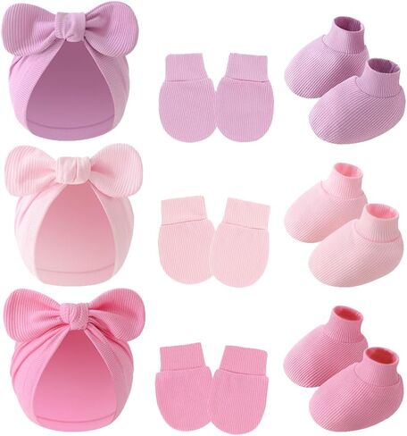 9 Pieces Newborn Baby Hat No Scratch Mittens and Socks Set Cotton Infant Hair Bow Turban Beanie Cap in Kuwait